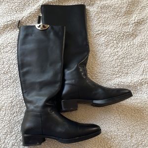 TORY BURCH Black Leather Sidney T Logo Riding Boots